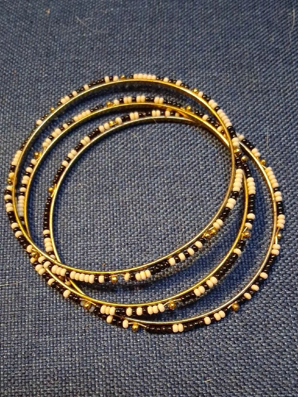 Vintage Gold Hoop Earrings with Black and White Beads